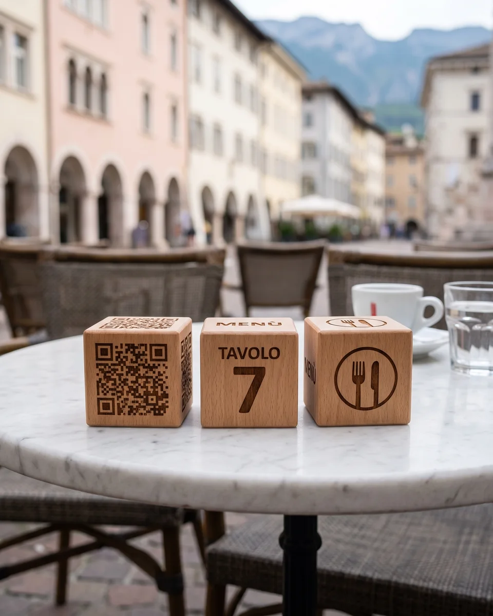 Tre cubetti in faggio incisi al laser sul tavolino di un bar all'aperto a Trento: QR code, numero del tavolo e logo, con i portici e le montagne sfocati dietro